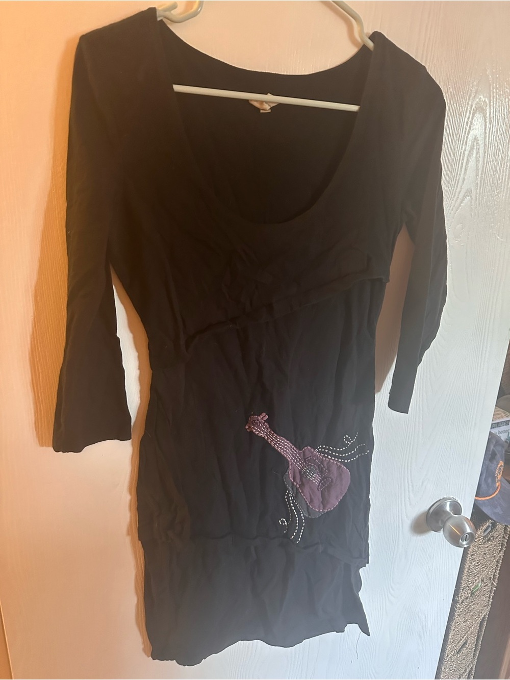 Synergy Organic Clothing Black Mini Dress with Purple Guitar Detail